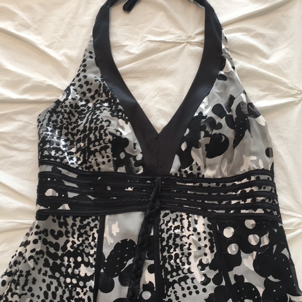 Black White & Gray Sue Wong Cocktail Halter Dress